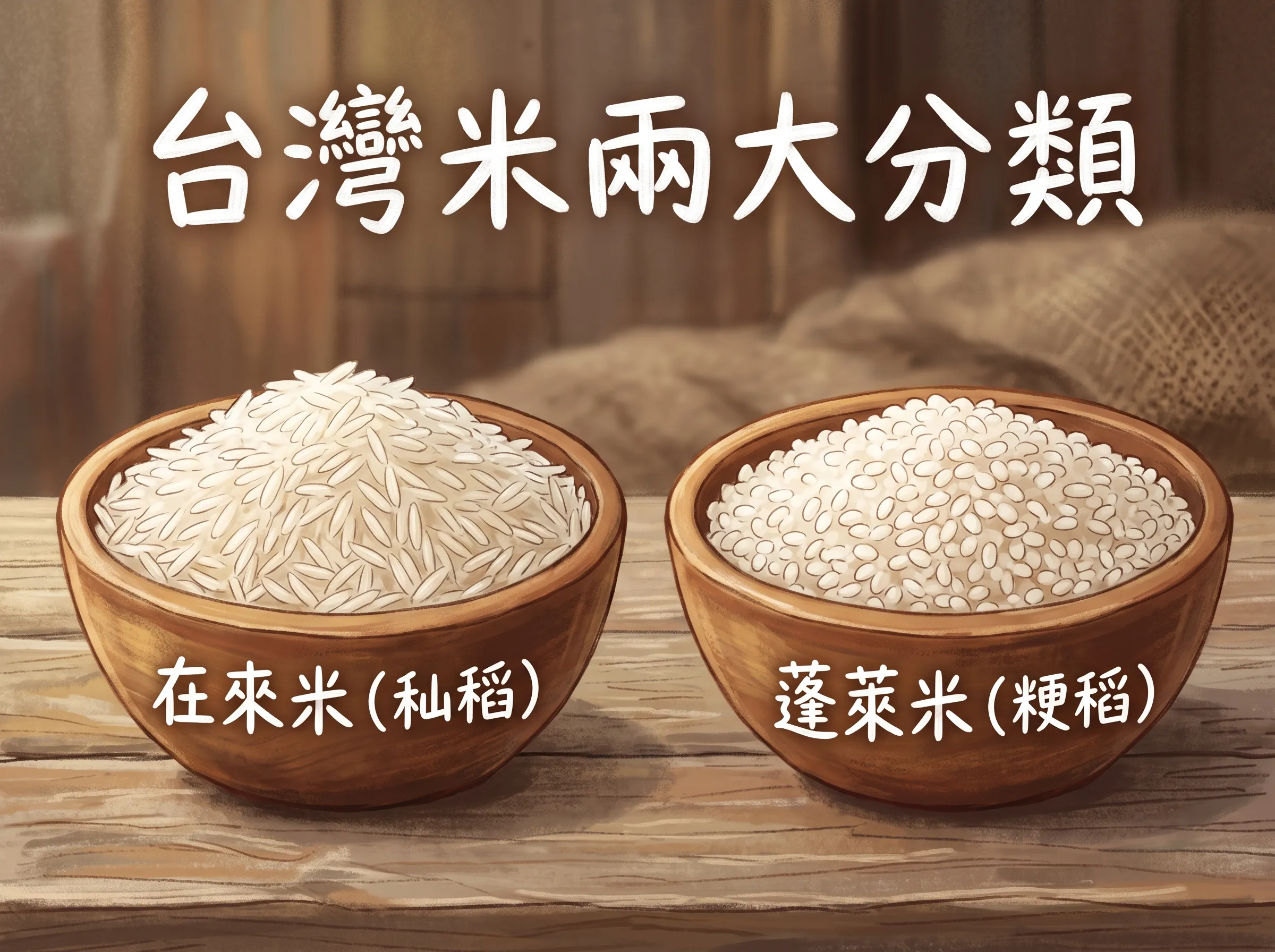 台灣米兩大分類示意圖：左側木碗為米粒細長的在來米（秈稻），右側木碗為米粒短圓的蓬萊米（粳稻）