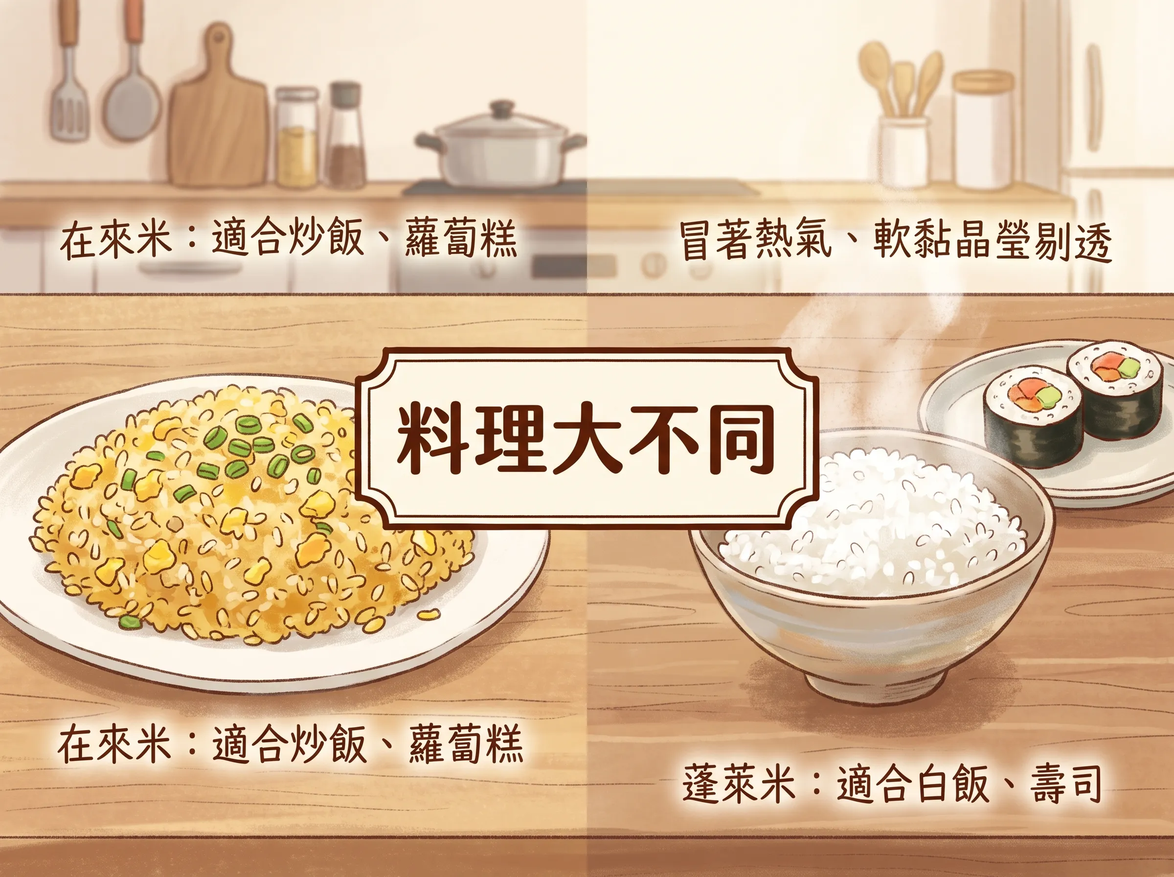 在來米與蓬萊米的料理用途對比：左側炒飯代表在來米適合炒飯與蘿蔔糕，右側白飯與壽司代表蓬萊米適合白飯與壽司
