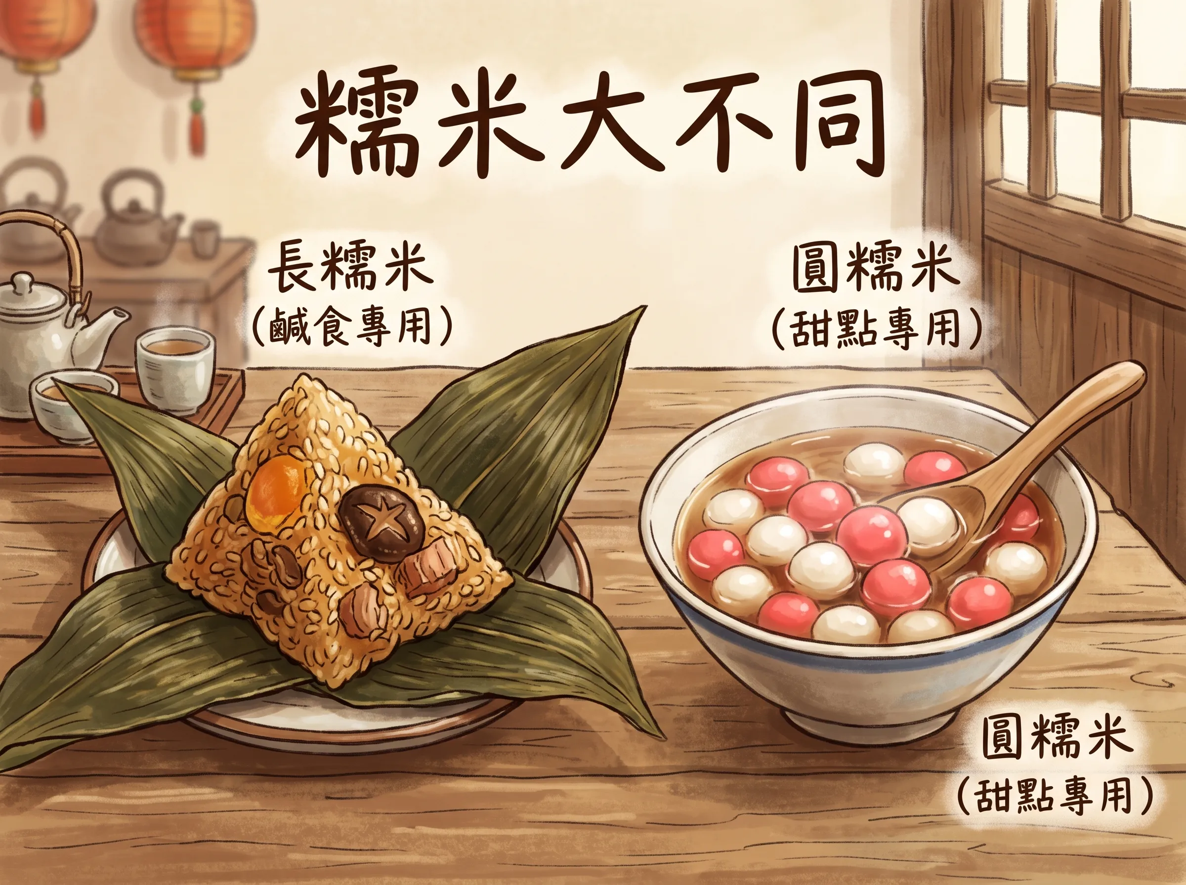 長糯米與圓糯米的用途差異：左側粽子代表長糯米多用於鹹食，右側湯圓代表圓糯米多用於甜點