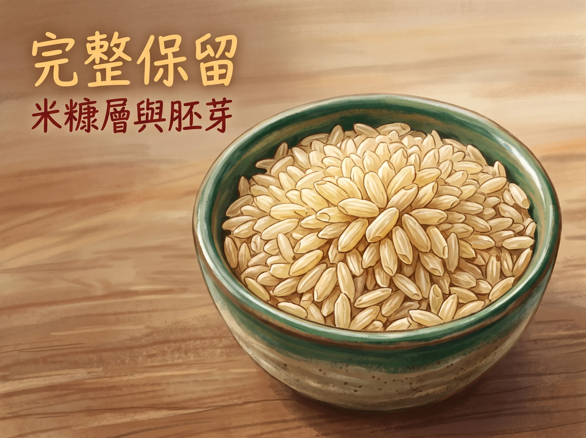 糙米特寫：陶碗盛裝的糙米，完整保留米糠層與胚芽，米粒呈淡褐色