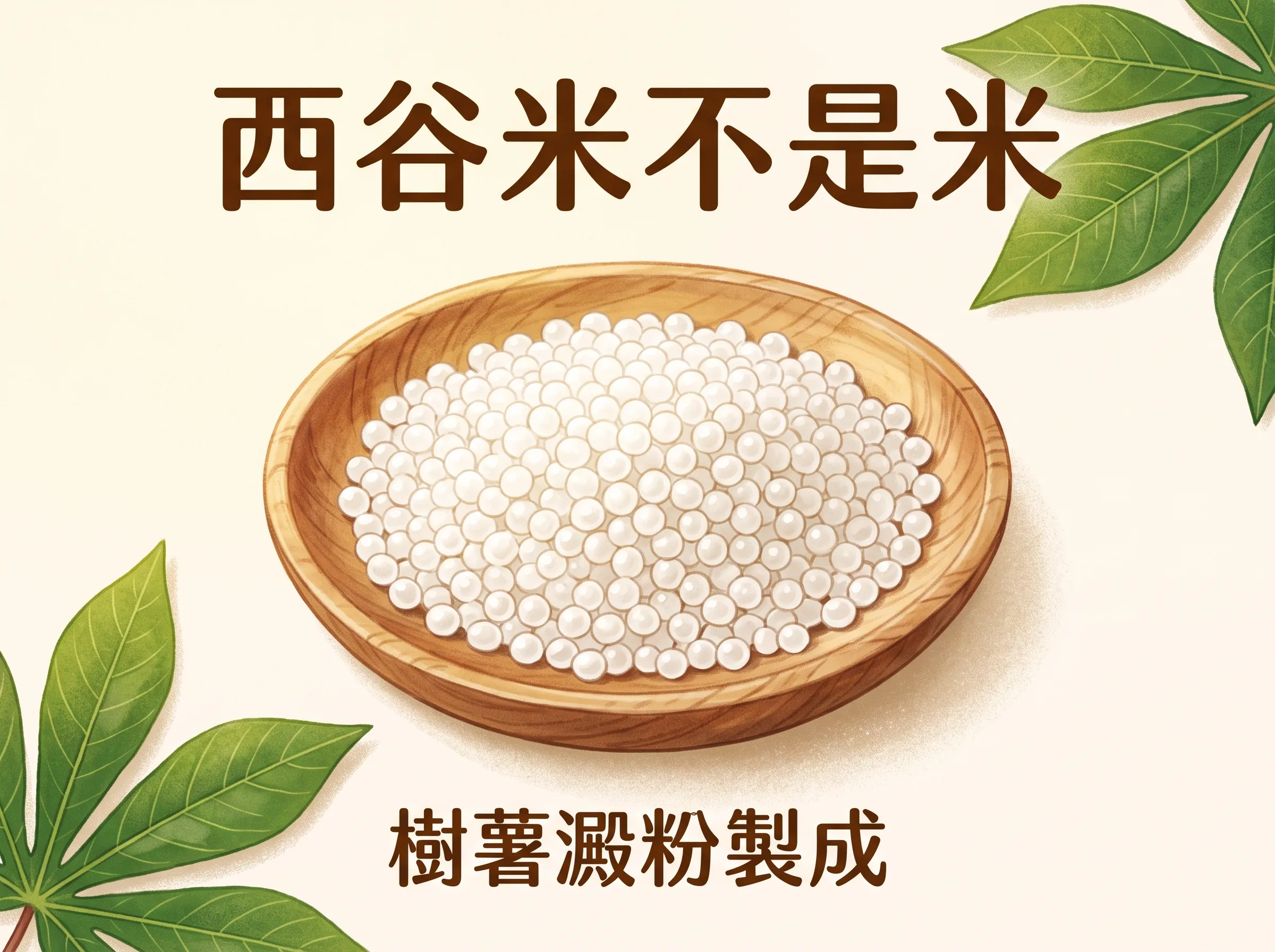 西谷米生粒：木盤盛裝白色不透明的西谷米顆粒，由樹薯澱粉製成，並非稻米