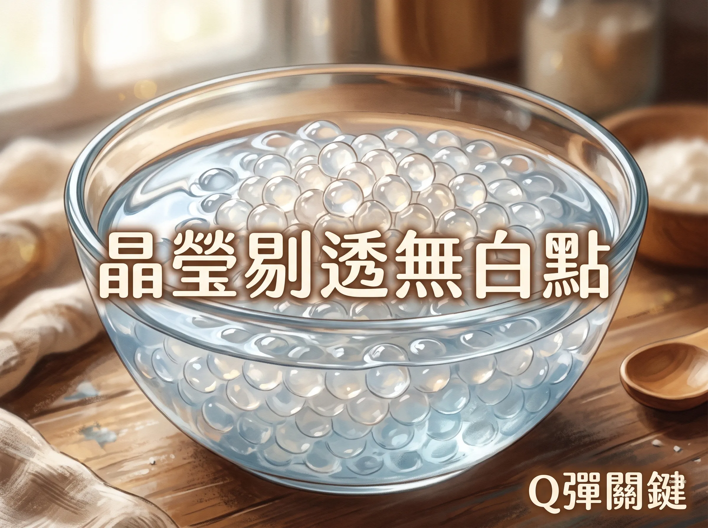 煮熟的西谷米：玻璃碗中的西谷米呈晶瑩剔透狀、中心無白點，這是煮透的判斷依據