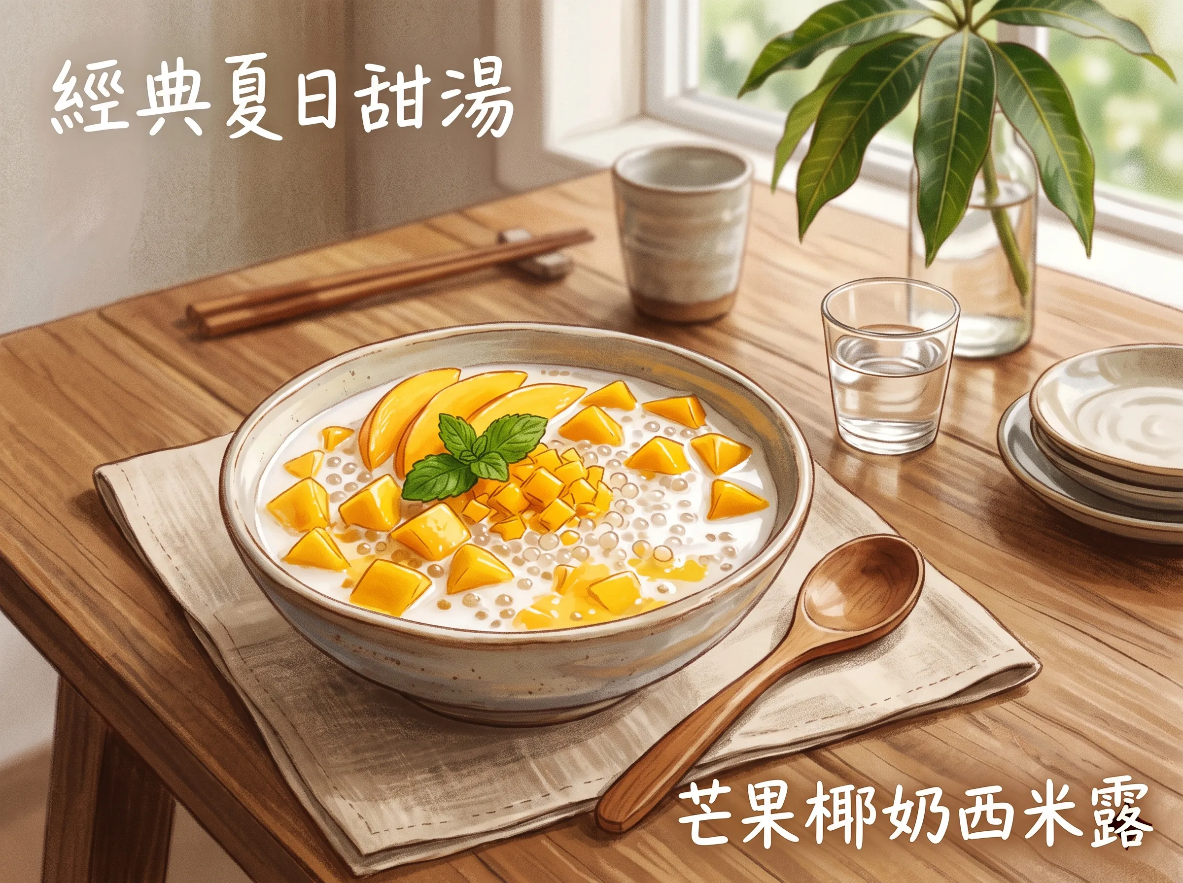 芒果椰奶西米露：碗中西谷米搭配芒果丁與椰奶，經典夏日甜湯