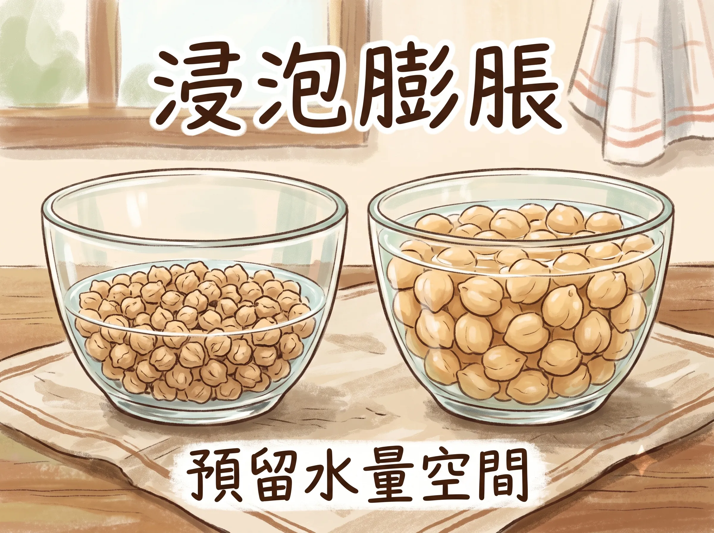 鷹嘴豆煮法前置作業：生鷹嘴豆浸泡一晚後吸水膨脹的體積對比與預留水量建議。