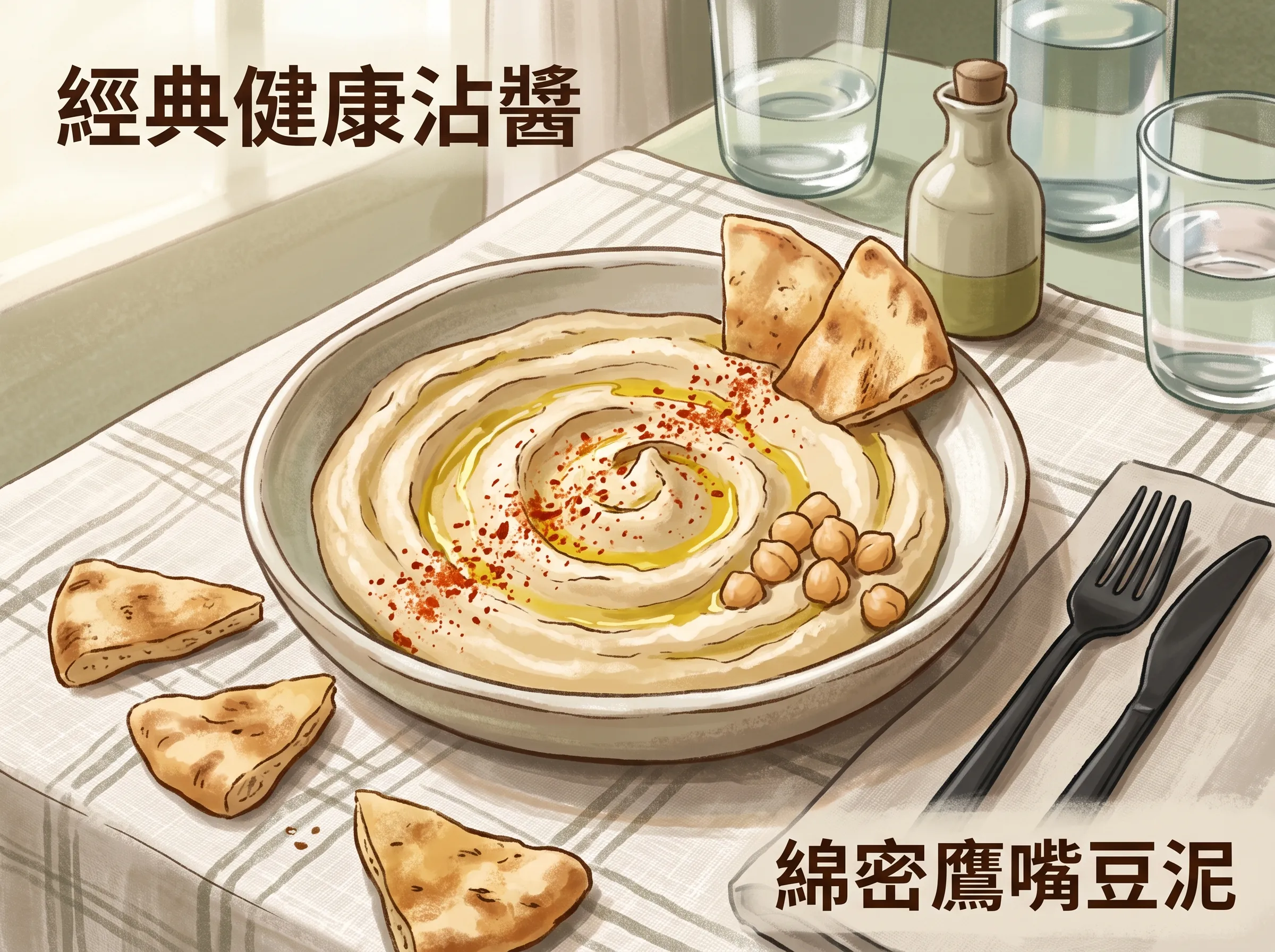 經典鷹嘴豆料理應用:淋上初榨橄欖油與紅椒粉的綿密鷹嘴豆泥(Hummus)搭配烤皮塔餅。