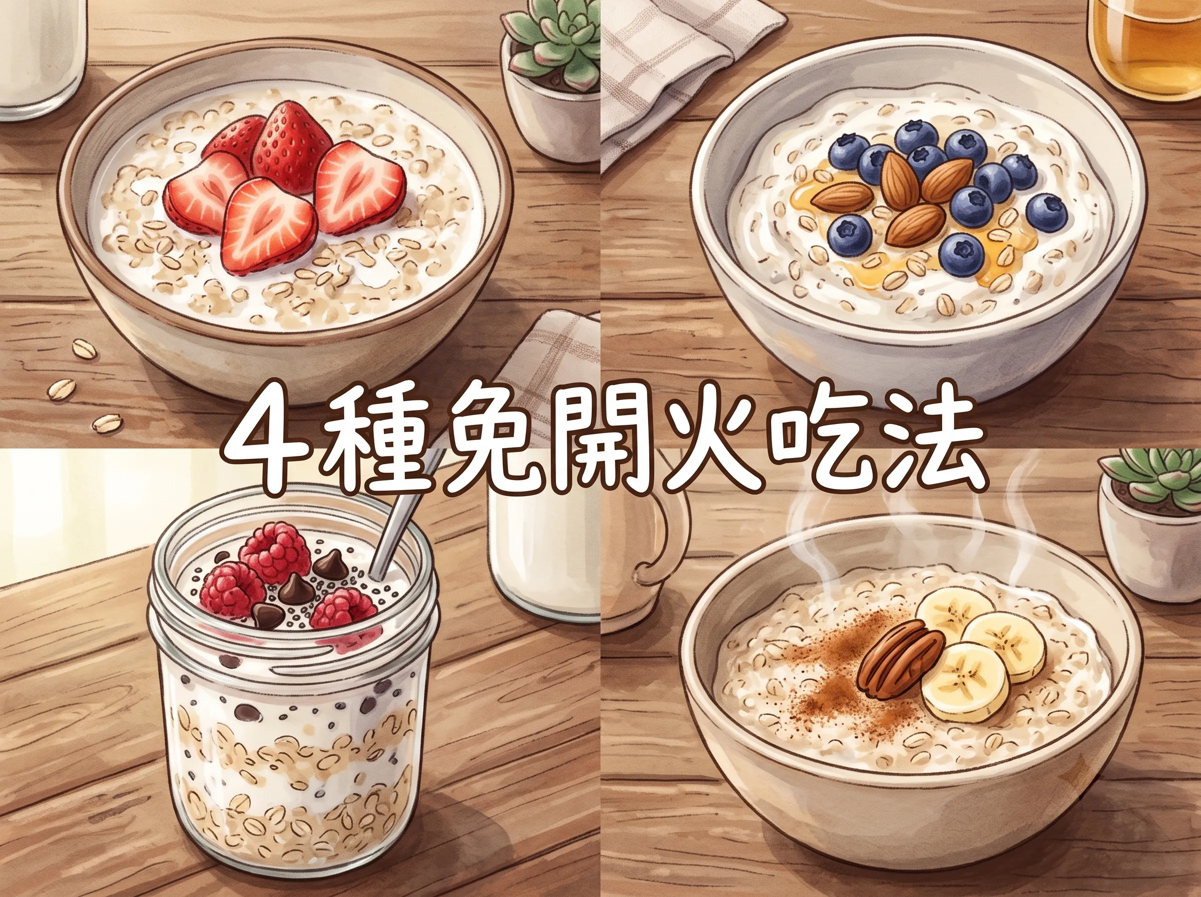 麥片早餐怎麼吃？4 種免開火吃法推薦：牛奶草莓沖泡碗、優格燕麥碗、隔夜燕麥與熱牛奶沖泡碗，早上省時又健康。