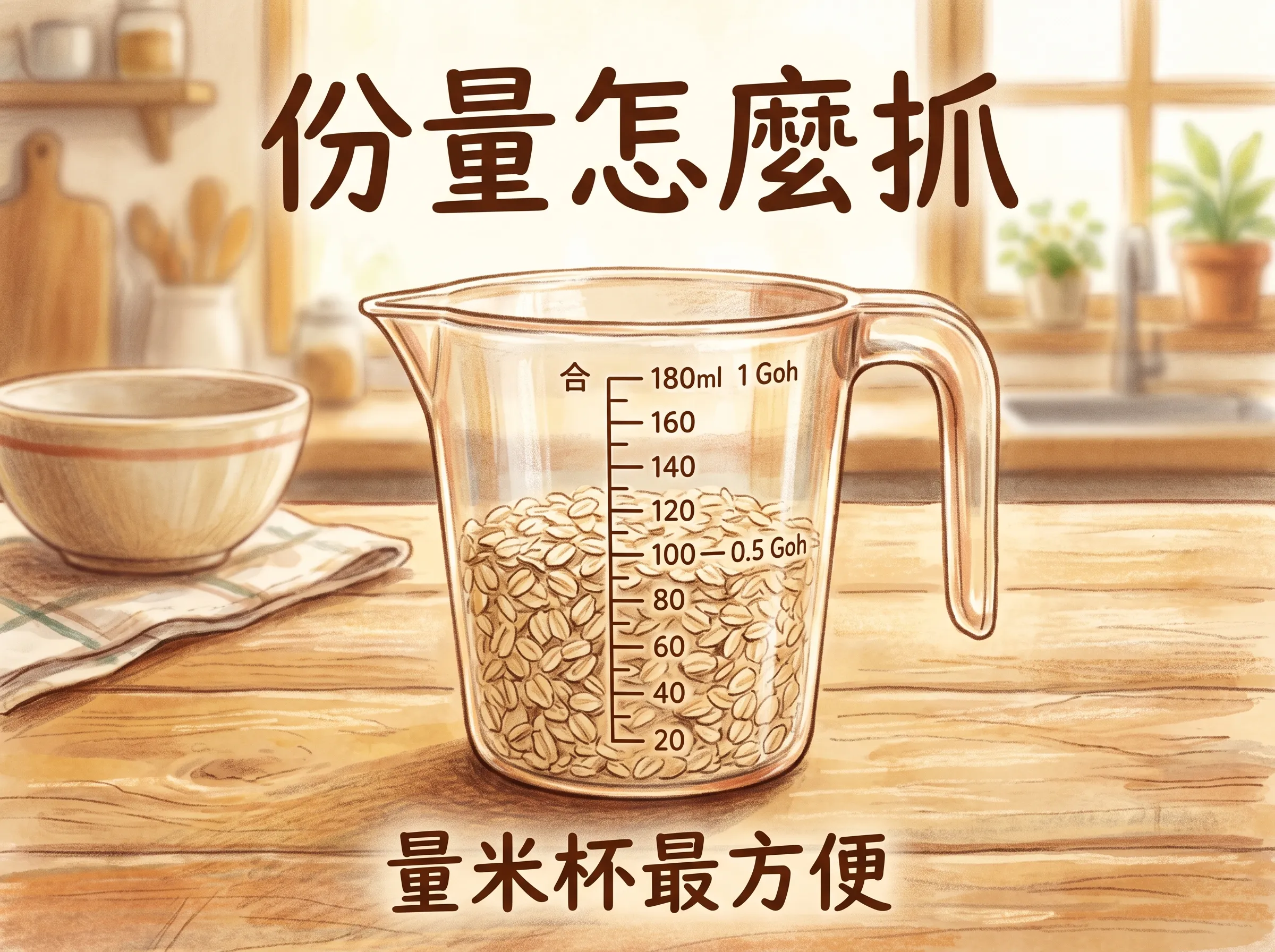 燕麥片份量怎麼抓？早上用電鍋量米杯最方便，半杯細片燕麥約 35 公克，輕鬆掌握每日全穀雜糧攝取量。
