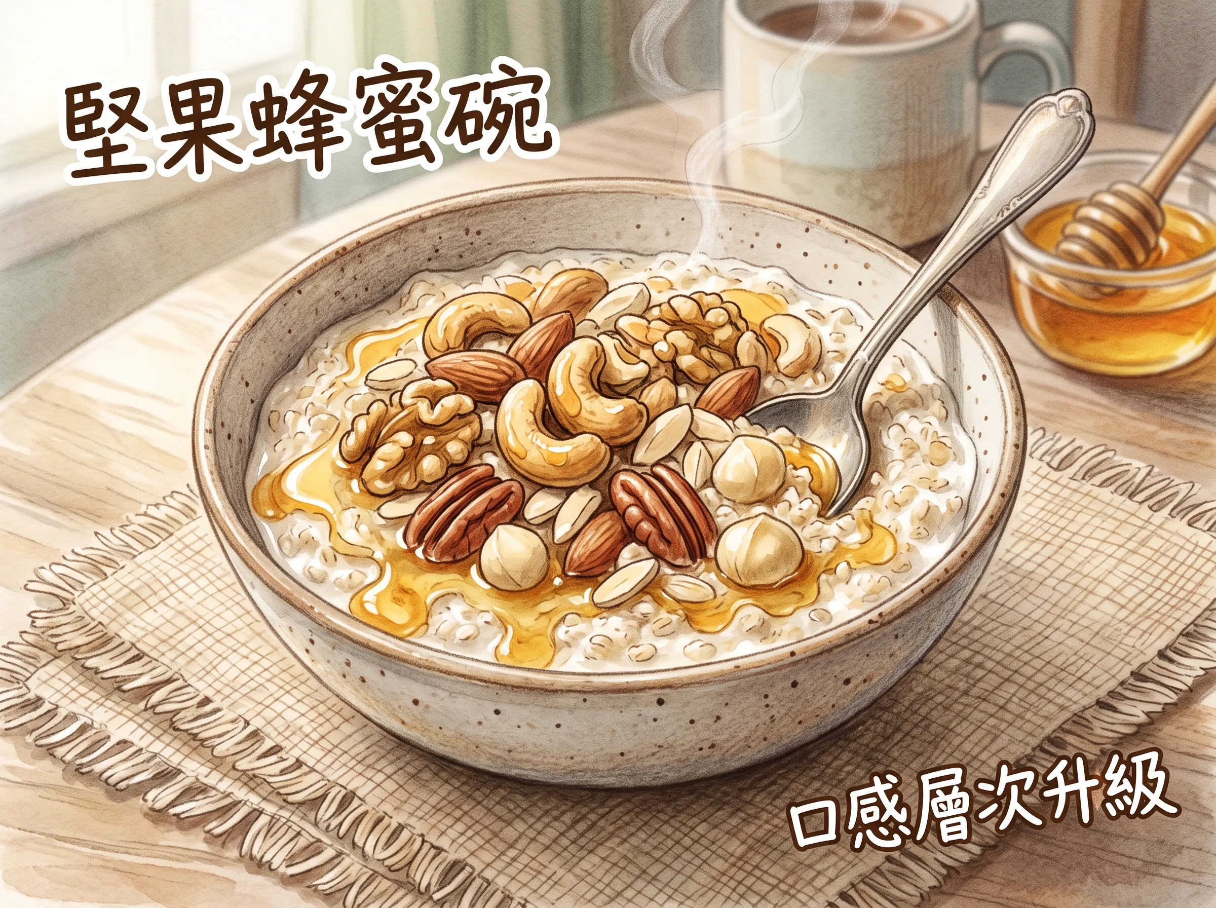 提升口感層次的堅果蜂蜜燕麥碗:在溫熱的牛奶燕麥粥上,鋪滿飽滿的腰果、核桃、杏仁、胡桃與夏威夷豆,並淋上天然蜂蜜。