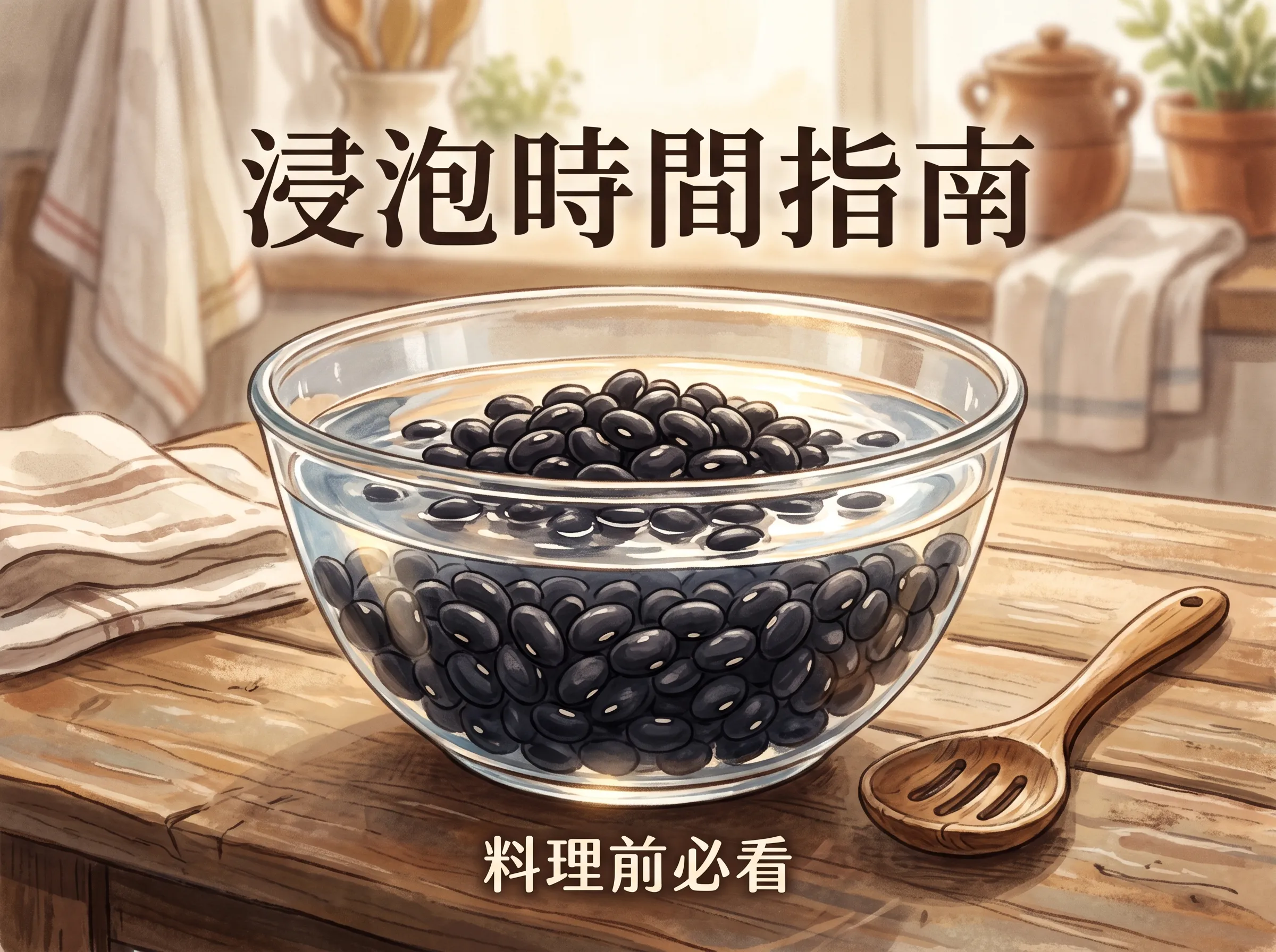 煮黑豆前置作業指南：透明玻璃碗中浸泡的飽滿黑豆，一般烹煮建議浸泡 5 至 8 小時，是料理前的必看步驟。