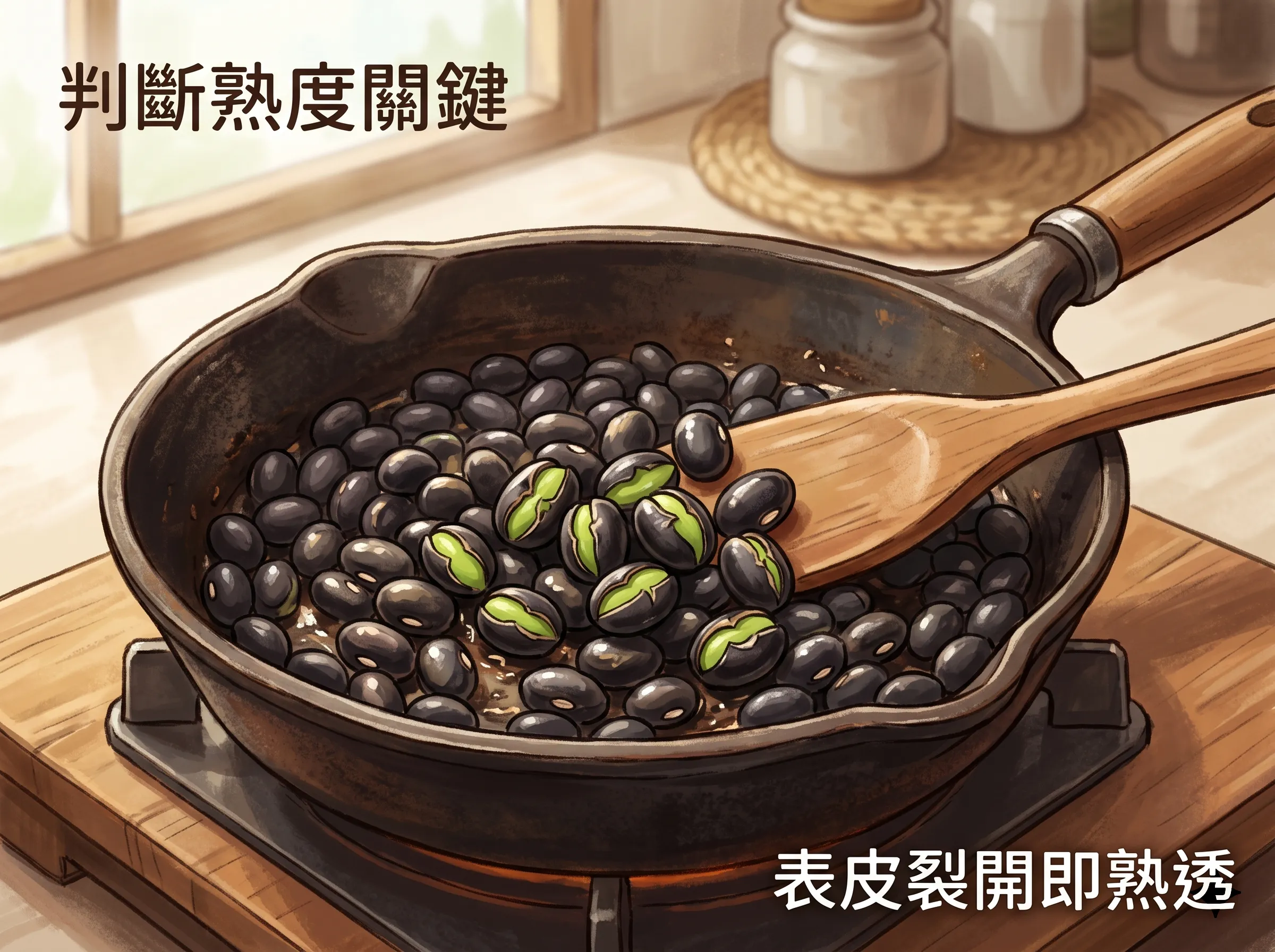 乾炒黑豆熟度判斷關鍵：在平底鍋中中小火翻炒，當觀察到黑豆表皮微微裂開透出綠色，即可起鍋泡茶。