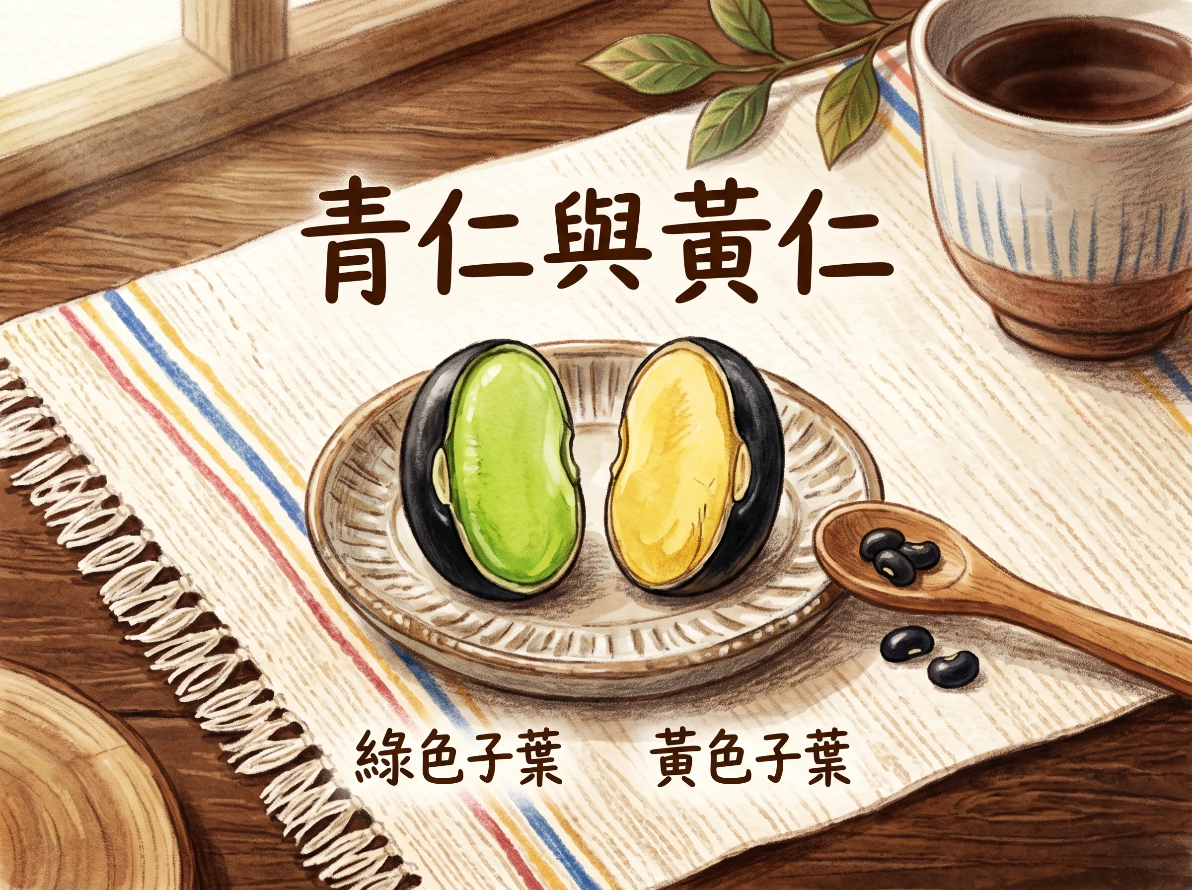 挑選黑豆品種必看：剖面圖對比青仁黑豆（綠色子葉，適合沖泡黑豆茶與打黑豆漿）與黃仁黑豆（黃色子葉）的內部結構差異。