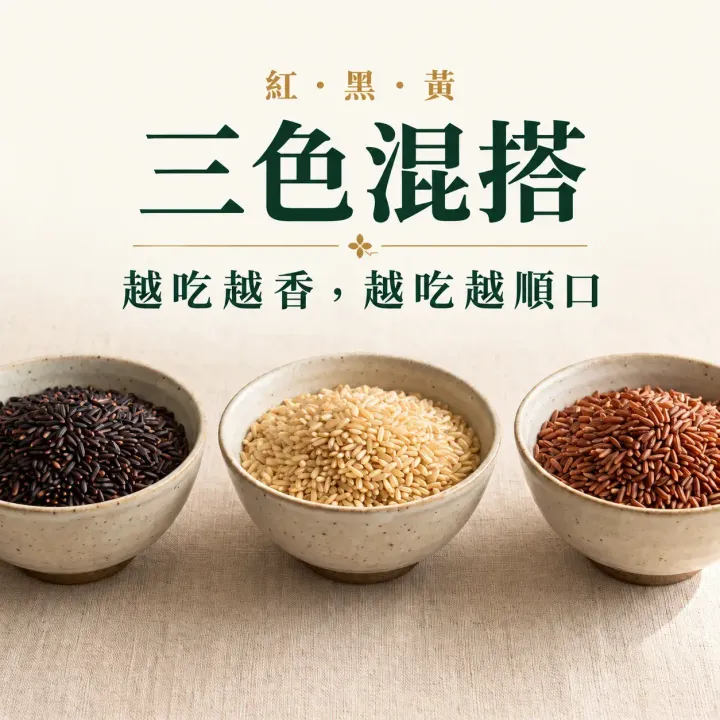 三碗分別盛裝黑糙米、糙米與紅糙米，呈現三色糙米的天然色澤與米粒樣貌。