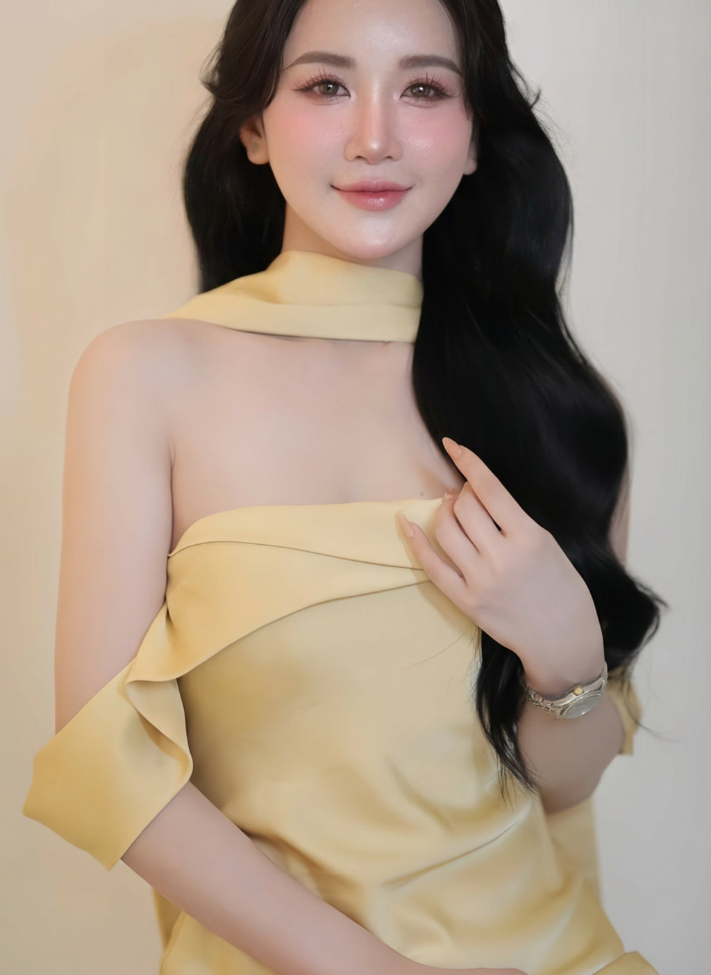 A_close_up_portrait_of_a_woman_with_long_black_hair__wearing_a_yellow_strapless_top__with_the_words_
