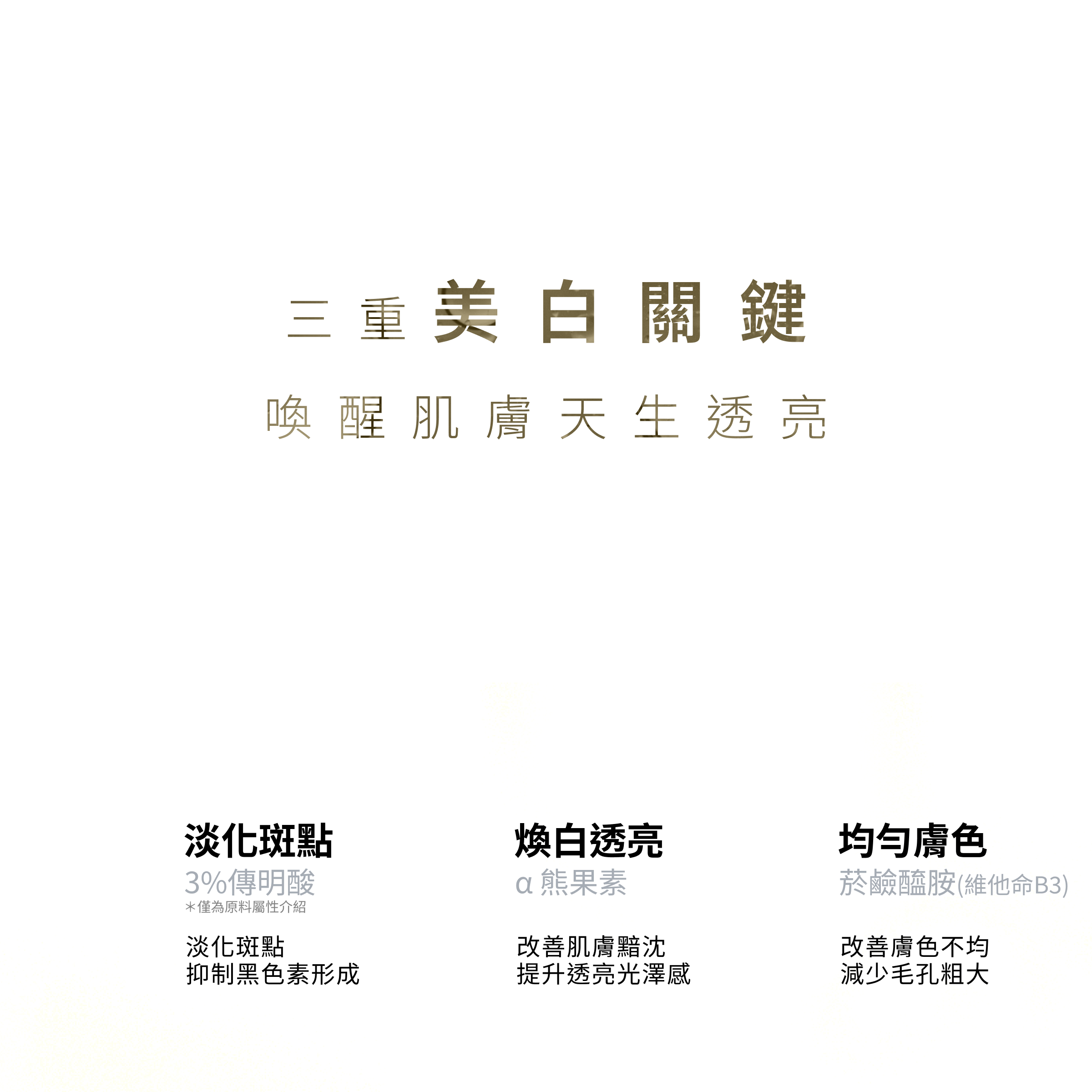 CEmax傳明酸美白晶萃，擁有三重美白關鍵，3%傳明酸、α熊果素、菸鹼醯胺(維他命B3)，針對三種不同美白需求淡化斑點、減少黯沉、改善毛孔等進行膚況升級。