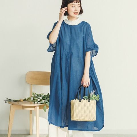 先染コットン2Wayフレア袖パネル切替ワンピースS1-7