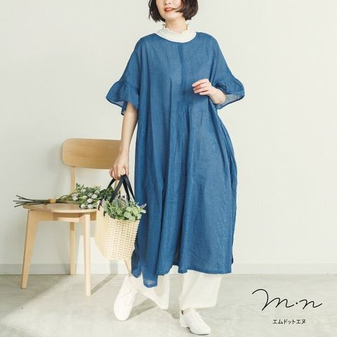 先染コットン2Wayフレア袖パネル切替ワンピースS1-1