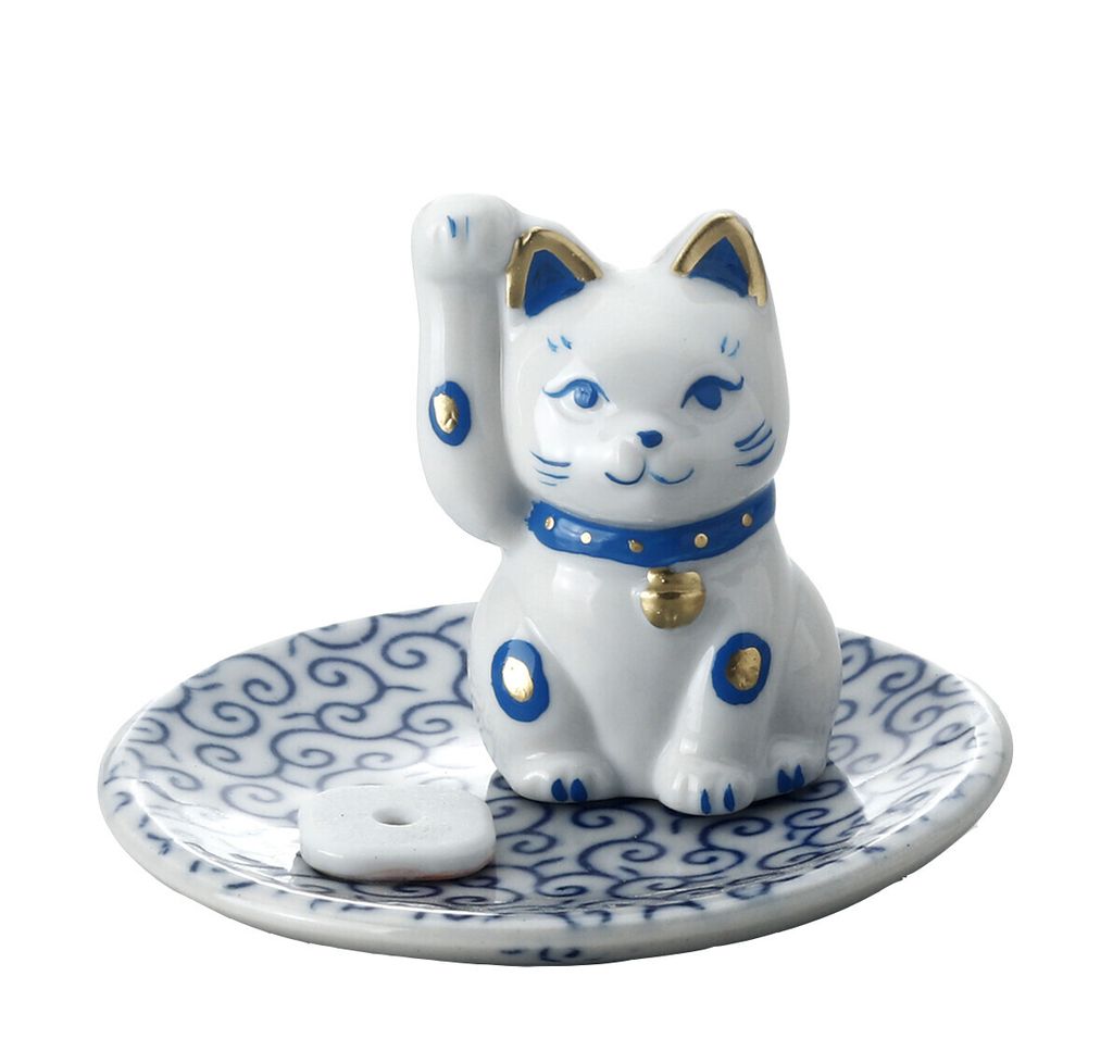 招猫香立・青　瀬戸焼　【招き猫】