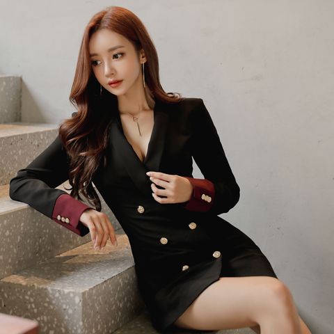 LAPEL LONG SLEEVE DRESS KF2720 ️ READY STOCK – Katrina Fashion