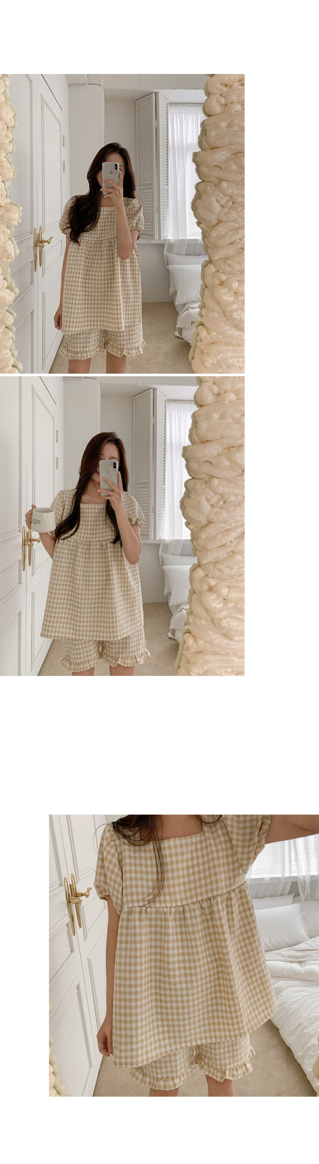 方格紋泡泡袖 短袖套裝5