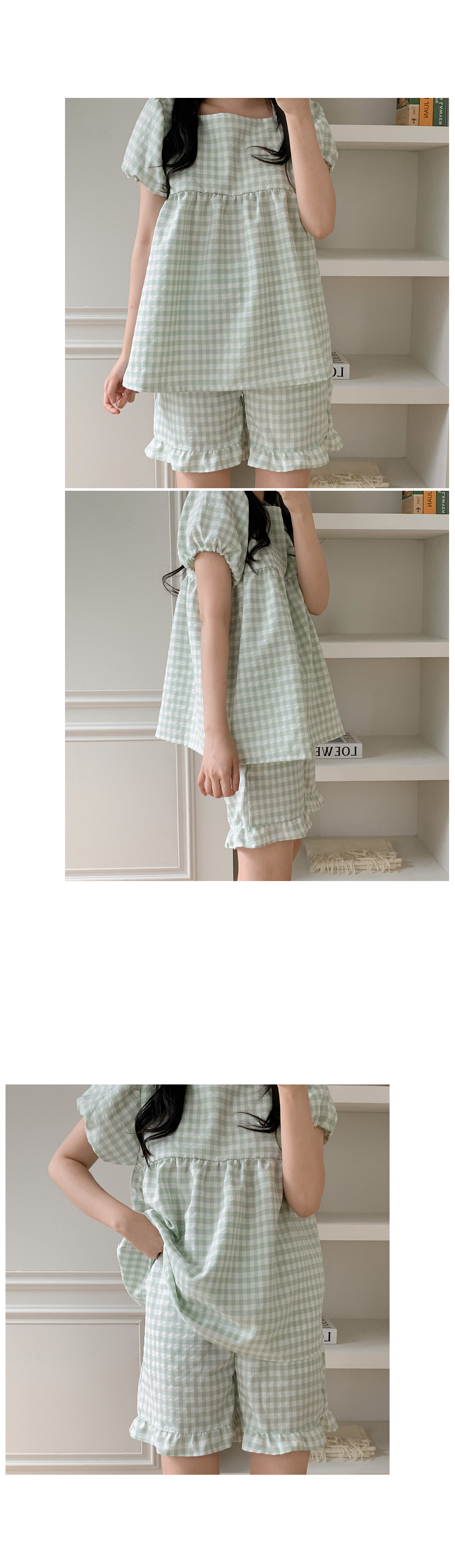 方格紋泡泡袖 短袖套裝8