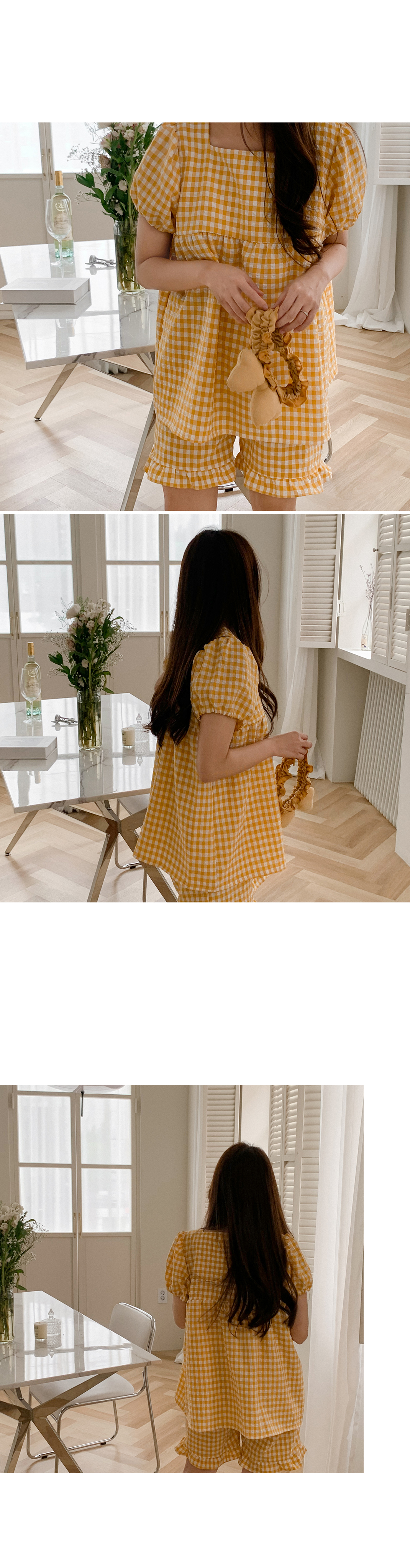 方格紋泡泡袖 短袖套裝10