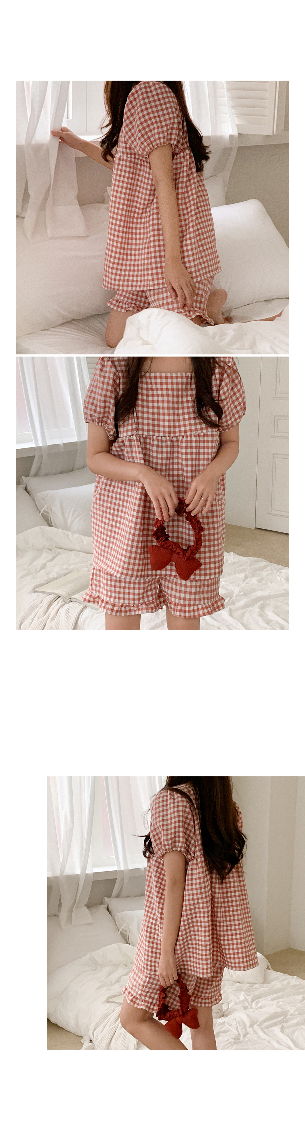 方格紋泡泡袖 短袖套裝12