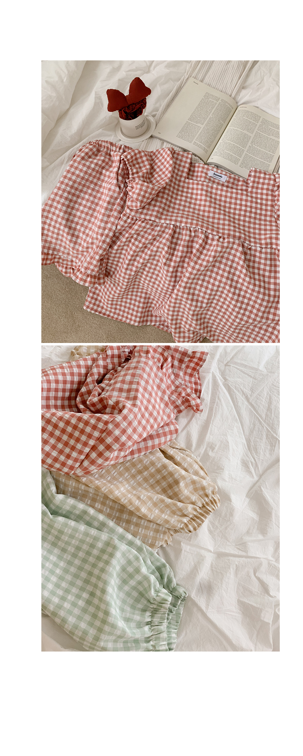 方格紋泡泡袖 短袖套裝13