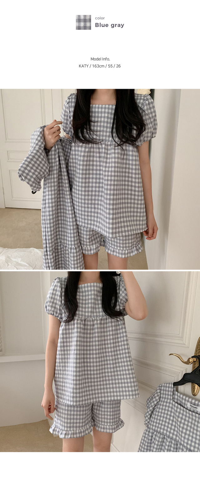 方格紋泡泡袖 短袖套裝14