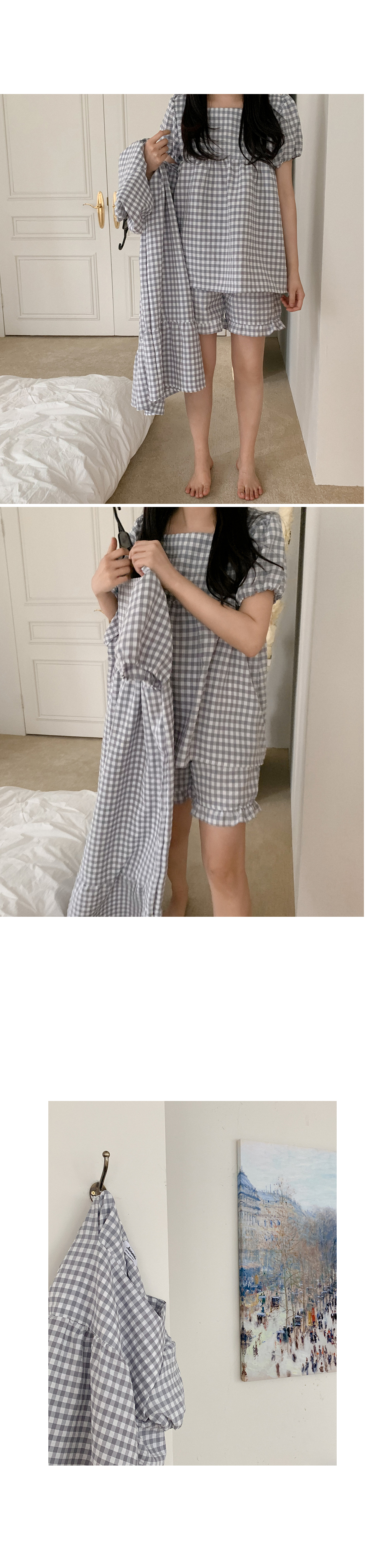 方格紋泡泡袖 短袖套裝15