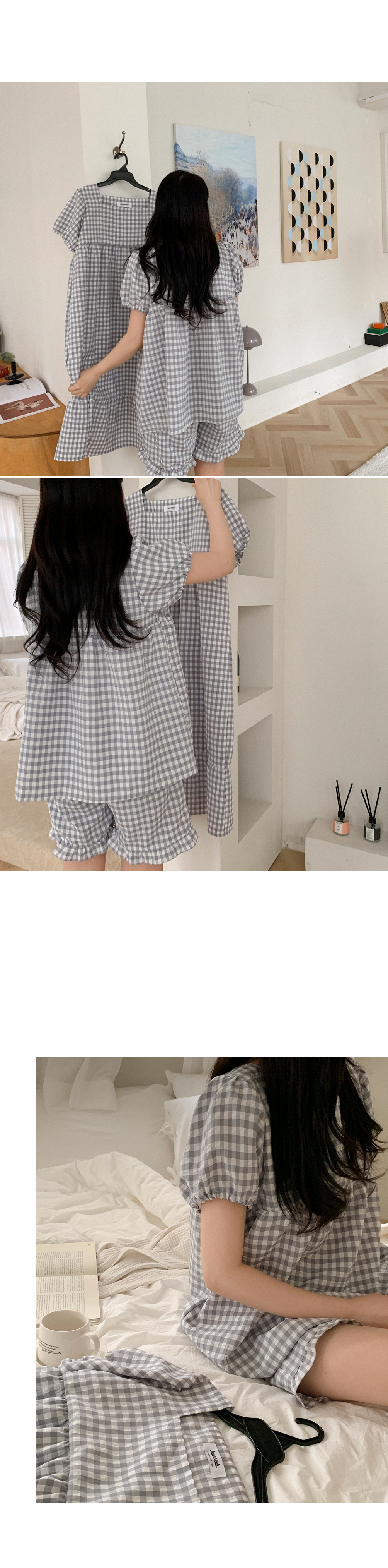 方格紋泡泡袖 短袖套裝16