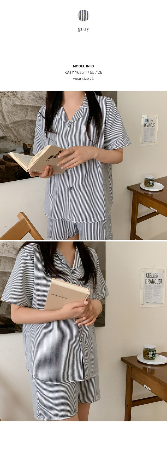 細直條紋 短袖套裝6