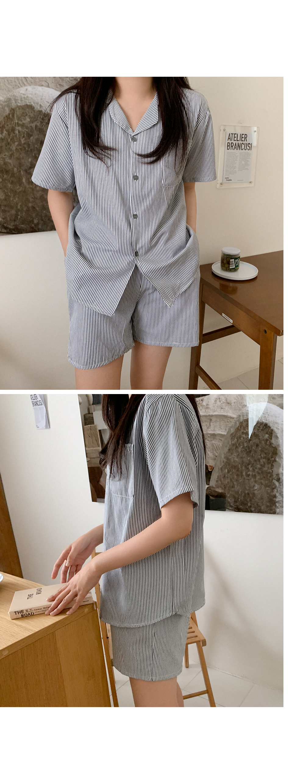 細直條紋 短袖套裝7