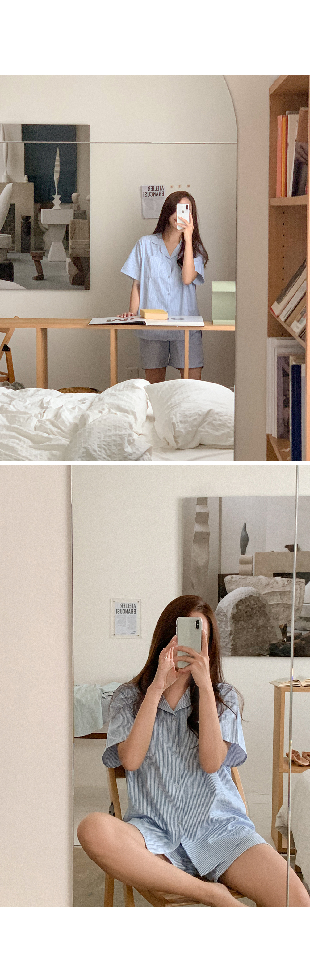 細直條紋 短袖套裝11