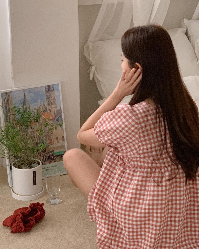 方格紋泡泡袖 短袖套裝