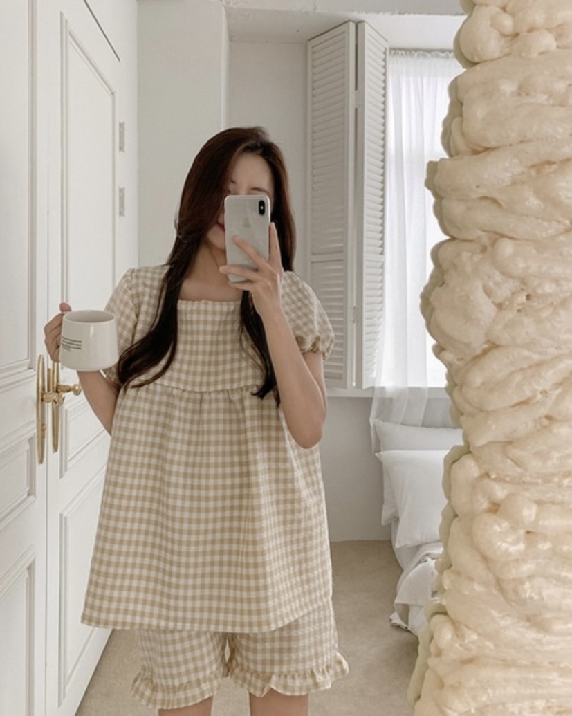 方格紋泡泡袖 短袖套裝3