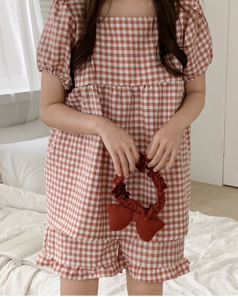方格紋泡泡袖 短袖套裝6