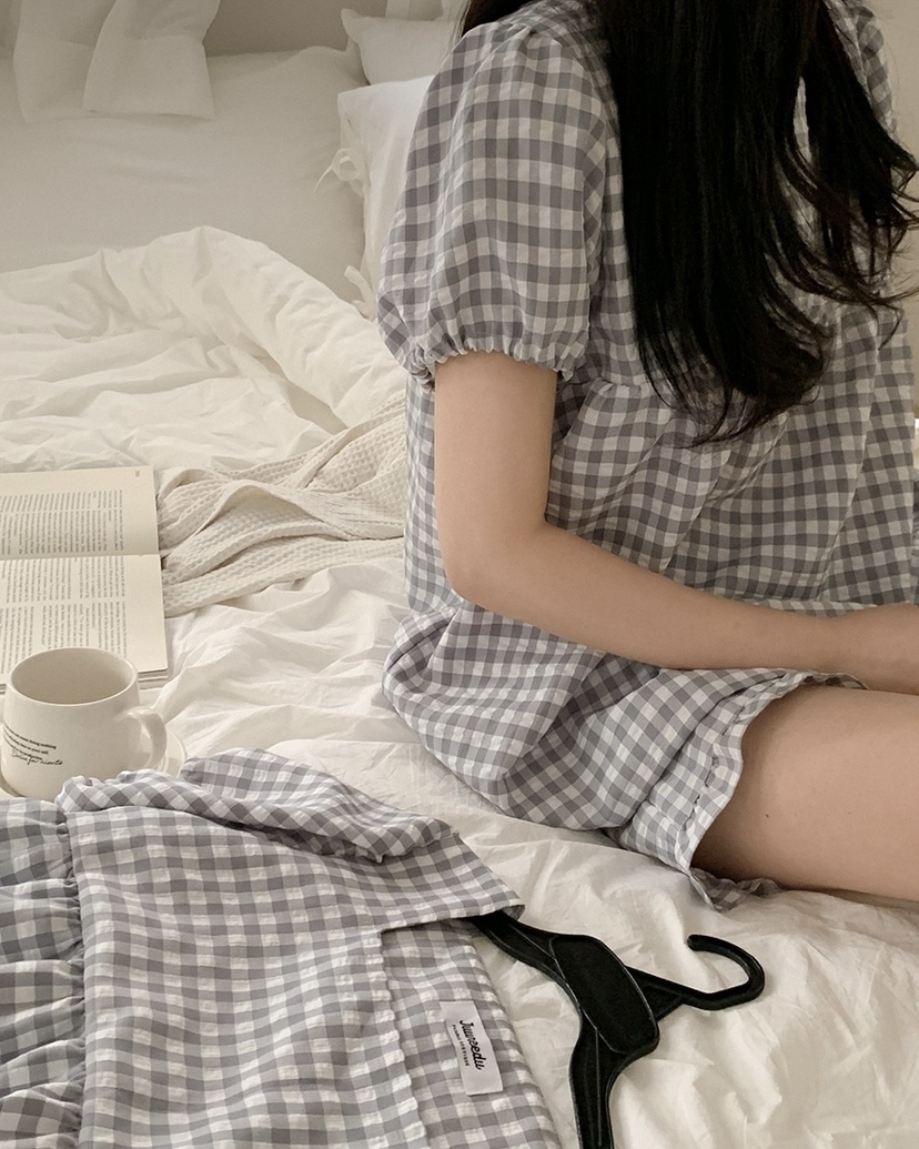 方格紋泡泡袖 短袖套裝7