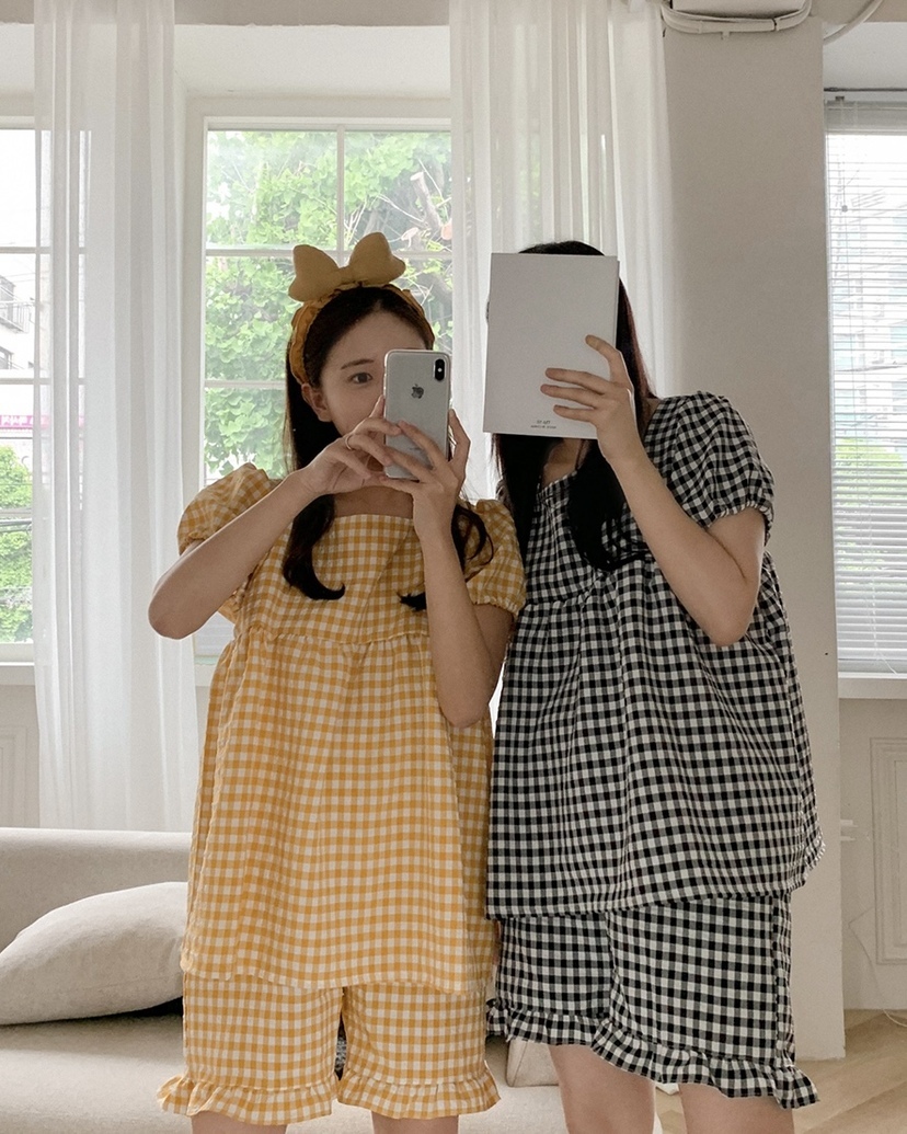 方格紋泡泡袖 短袖套裝2