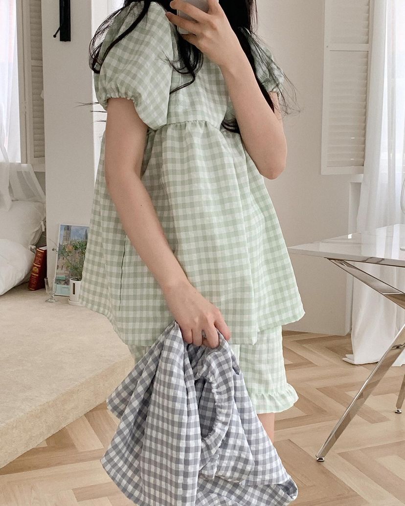 方格紋泡泡袖 短袖套裝4