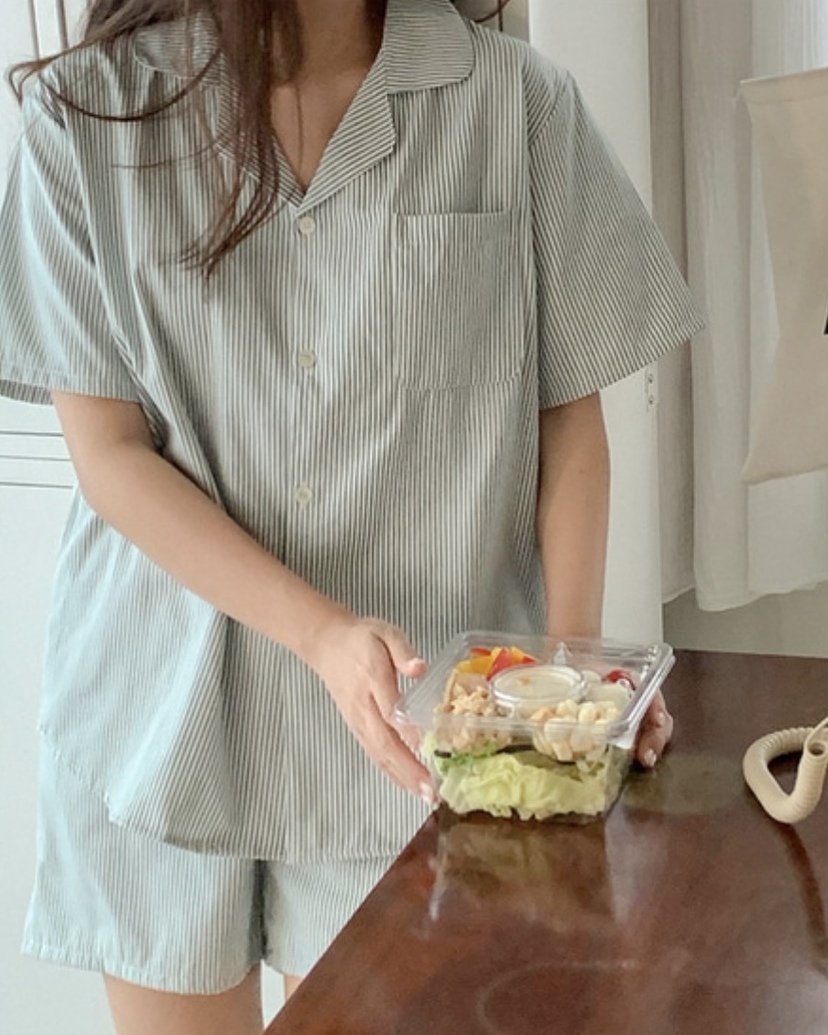 細直條紋 短袖套裝6