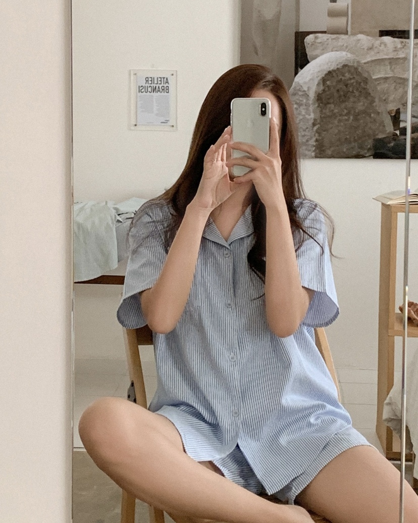 細直條紋 短袖套裝7