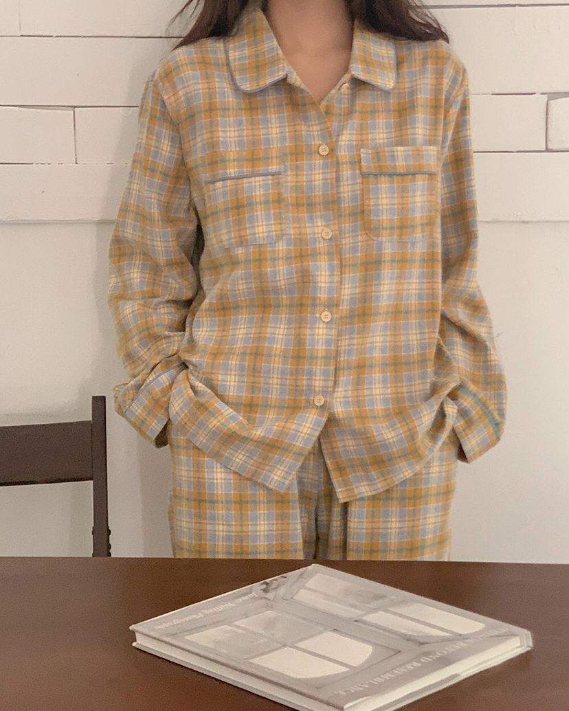 ［預購］韓國JUUNEEDU 情侶睡衣 FADE CHECK格紋 長袖套裝1