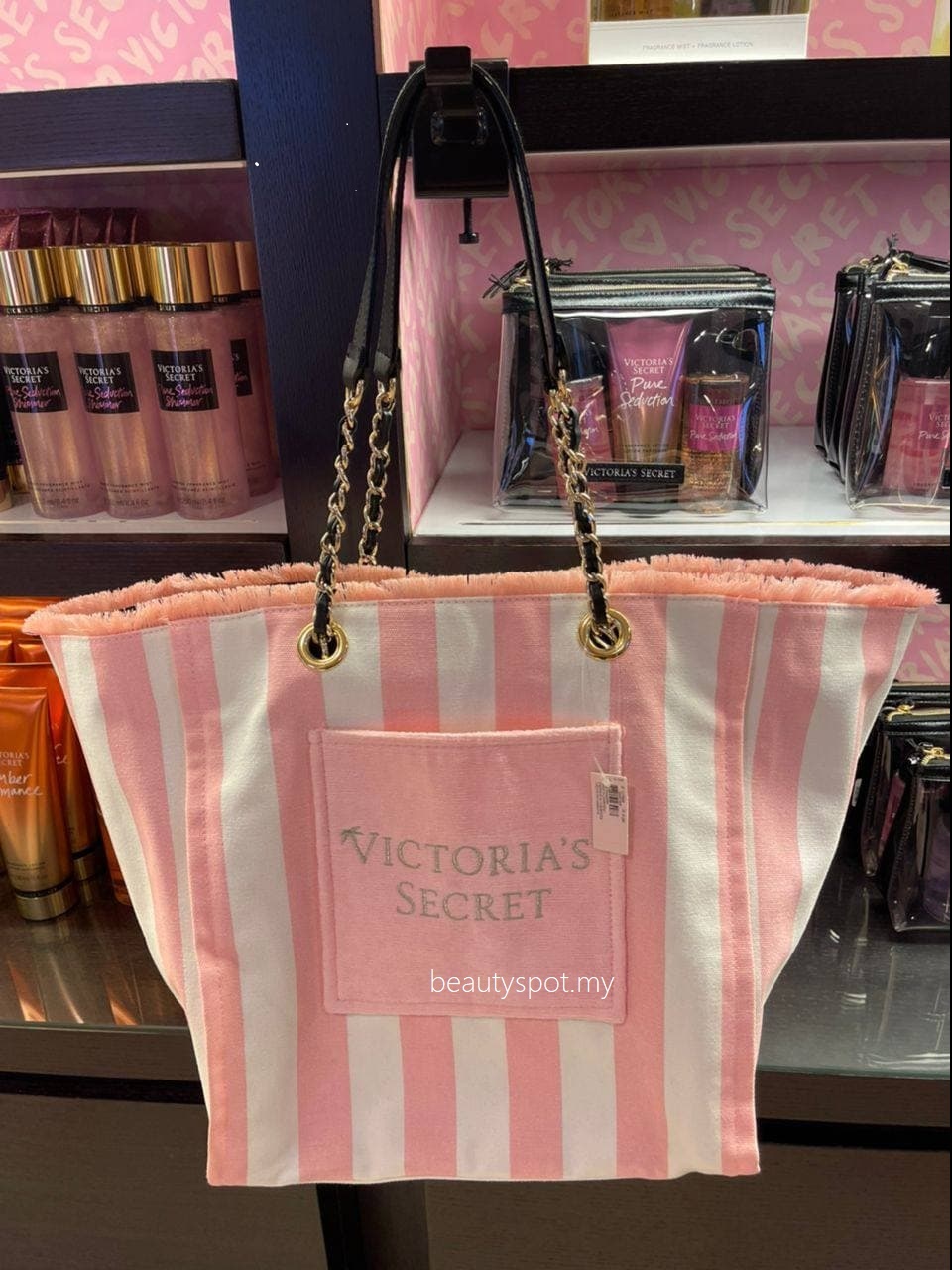 Victoria's Secret VS Logo Pink Signature Stripe wristlet strap keychain New  