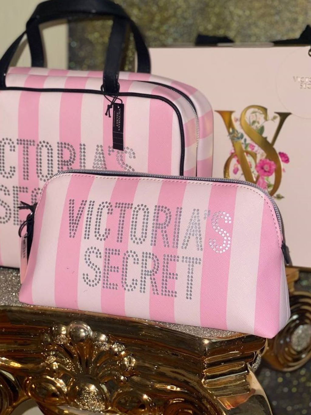 Victoria's Secret Signature Pink Striped Travel Cosmetic Makeup