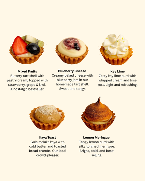 Mixed Fruits - Our signature buttery tart shell filled with smooth pastry cream and topped with strawberry, grape, and kiwi. A nostalgic childhood favourite and all time best seller. Blueberry Che.png