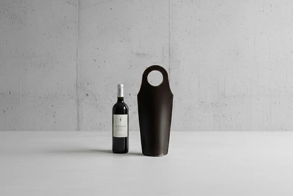 真皮紅酒袋與紅酒並排展示