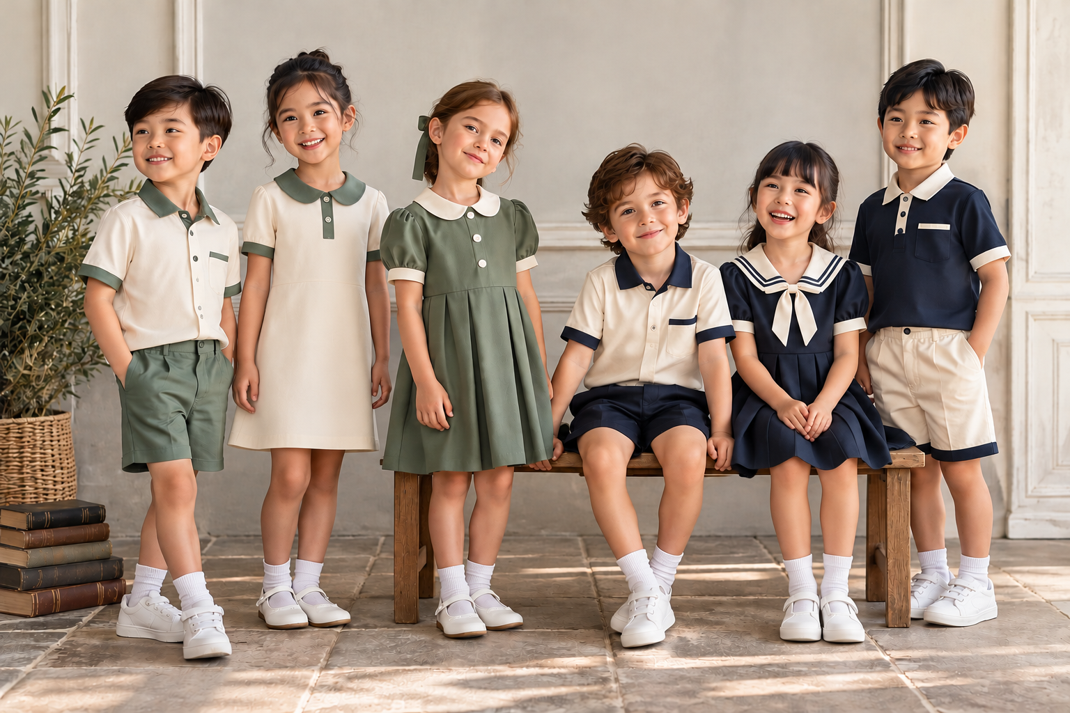 Cheerful Children in Coordinated School Uniforms