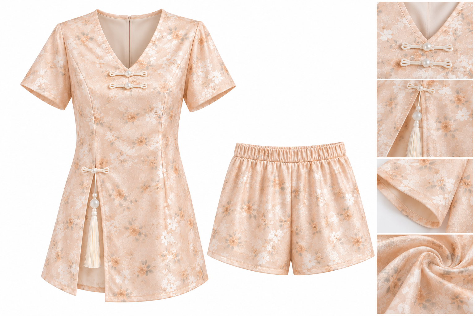 7米杏清雅花纹盘扣家居服套装