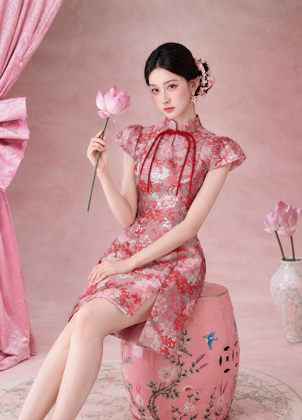 粉色花影中的中式仕女