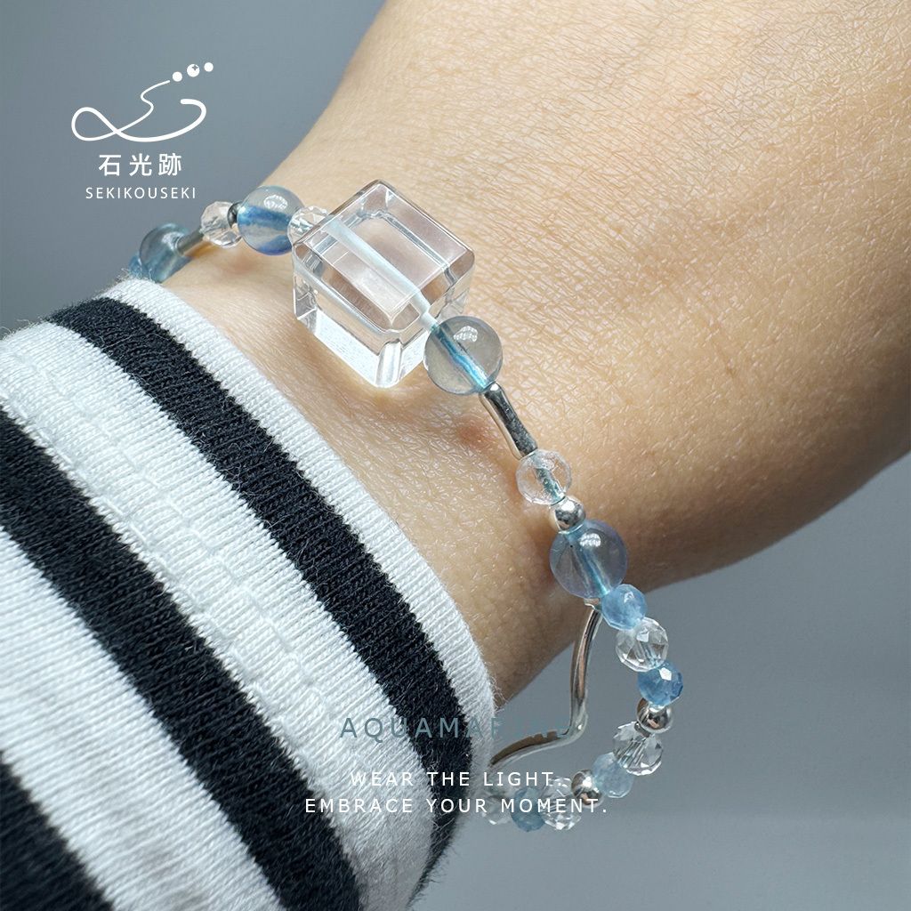 方糖白水晶海藍寶-實戴照片